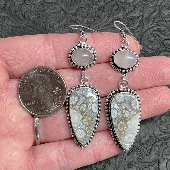 Rose Quartz and Coral Fossil Earrings Stone Crystal Jewelry - Picture 5 of 6